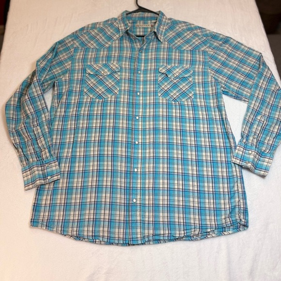 Roper Men's Turquoise and White Plaid Button Down Shirt - Picture 1 of 8